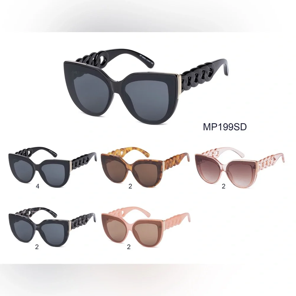 Sunglasses Women's Black With Round Link Design Gold Trim Oversized Cat Eye NEW